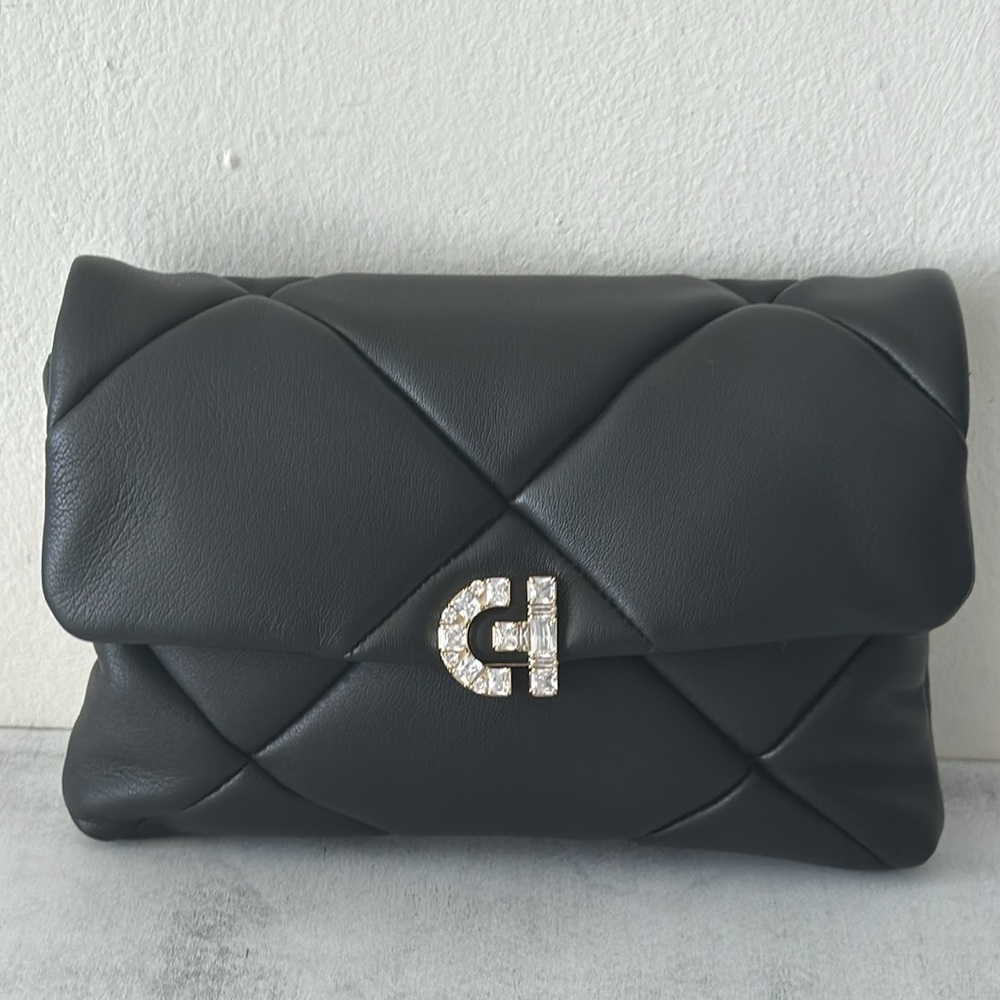 Cole Haan Crystal Quilt Leather Clutch Crossbody Black W Chain Strap - Picture 12 of 13